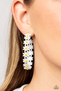 Daisy Disposition White Flower Hoop Earrings